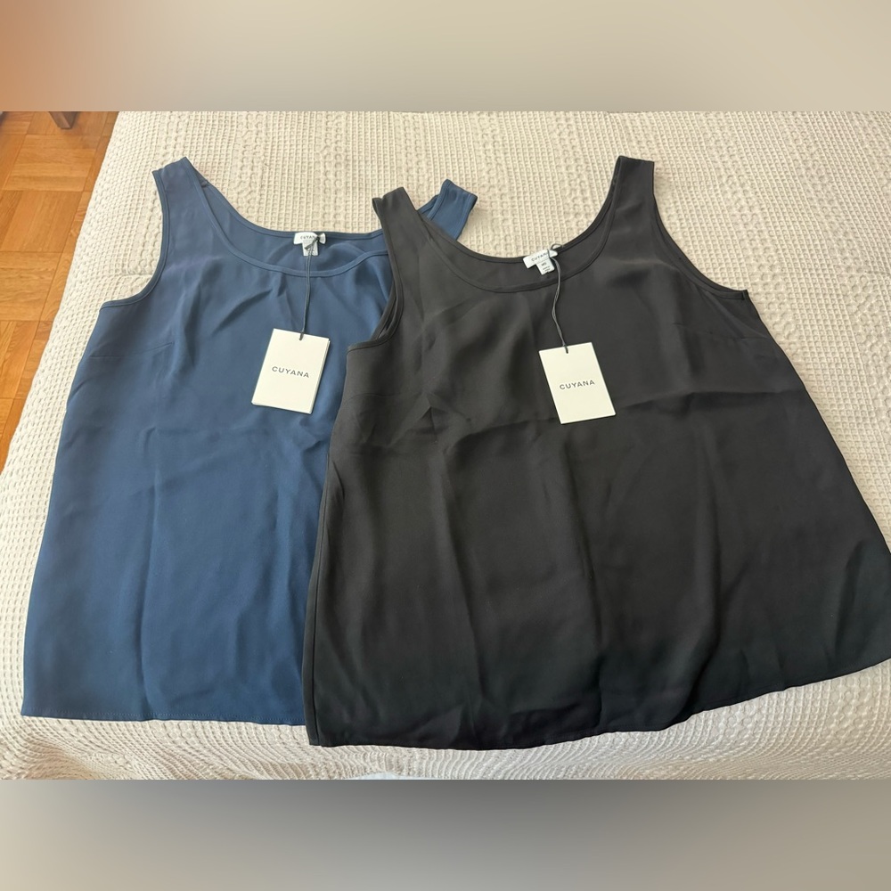 Two (2) NWT Cuyana Silk Scoop Neck Tank Tops - Blue and Black